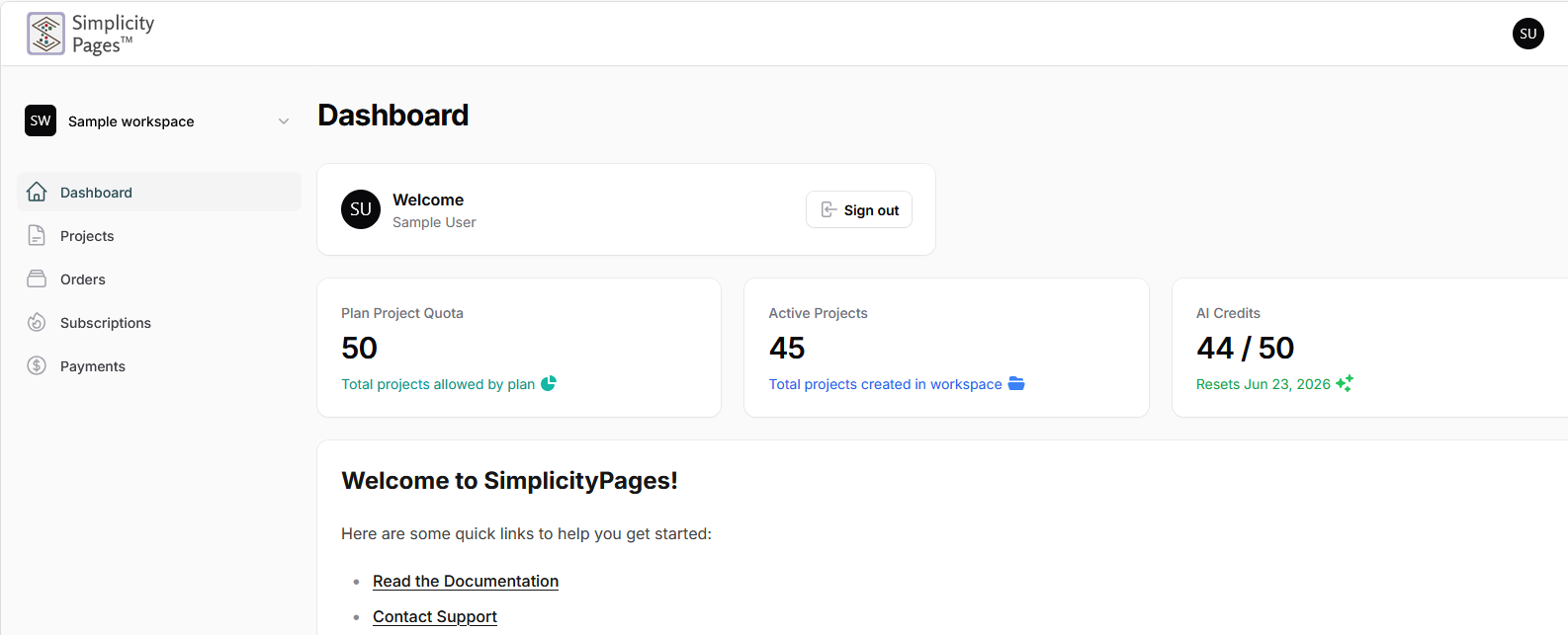 SimplicityPages dashboard