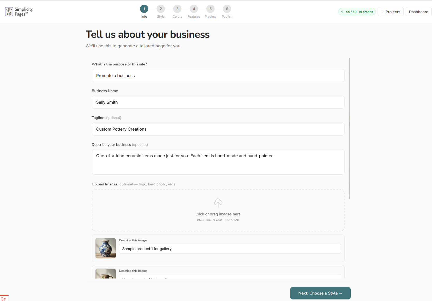 Wizard step 1 — business info form
